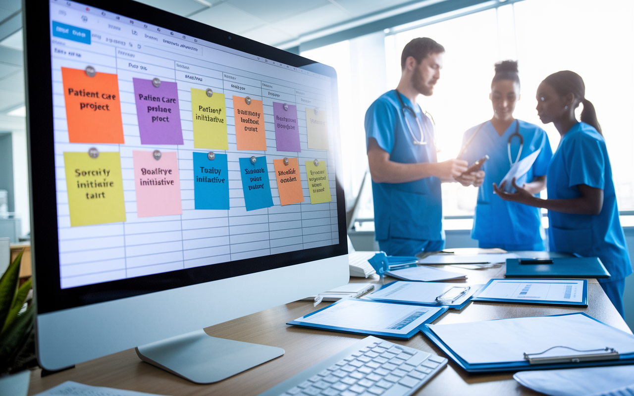 A vibrant Trello board displayed on a computer screen in a healthcare executive's office. The board shows beautifully arranged cards with tasks like 'Patient Care Project' and 'Quality Initiative', while a team member in scrubs actively discusses the workflow with another colleague, surrounded by medical charts. Bright lighting highlights productivity and efficiency.