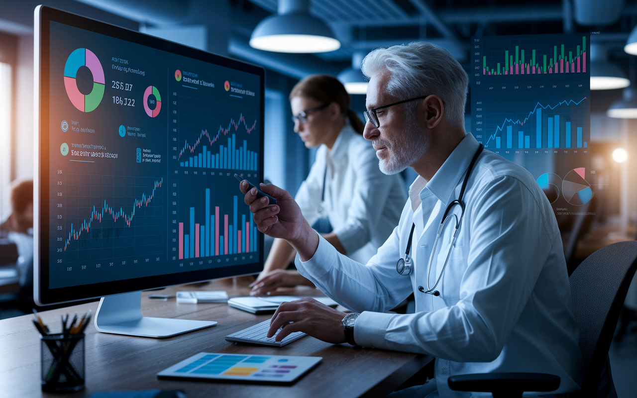 An engaging workspace with a healthcare leader analyzing data on a large screen using Tableau. The background features assorted charts and graphs representing patient outcomes, with team members attentively discussing insights. The atmosphere is dynamic and focused, illuminated by soft office lights creating an atmosphere of analysis and strategy.