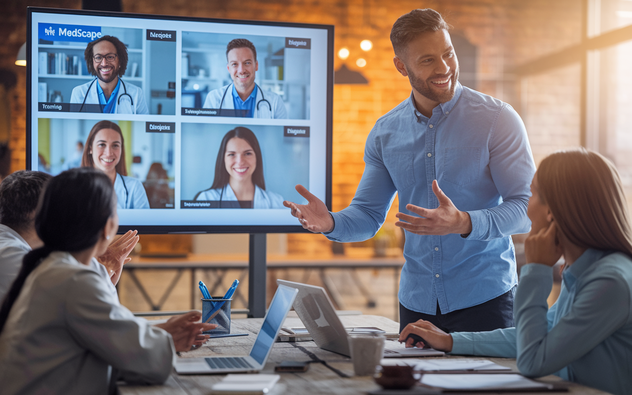 A passionate healthcare leader conducting a virtual training session with team members on Medscape. The screen showcases educational materials on medical advancements. In a well-organized office, the attendees appear engaged and eager to learn, reflecting a culture of continuous improvement. Warm, inspiring lighting sets a motivational tone.