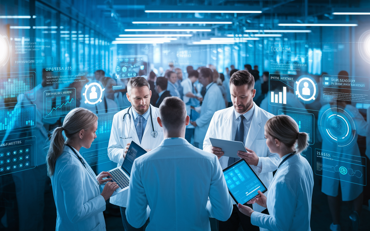 A collaborative scene where healthcare leaders engage with their teams in a high-tech hospital environment. The leaders are shown using various tools like laptops, tablets, and large displays with patient data and performance metrics surrounding them. The atmosphere is bustling yet organized, illuminated by bright, focused lights, symbolizing innovation and teamwork.