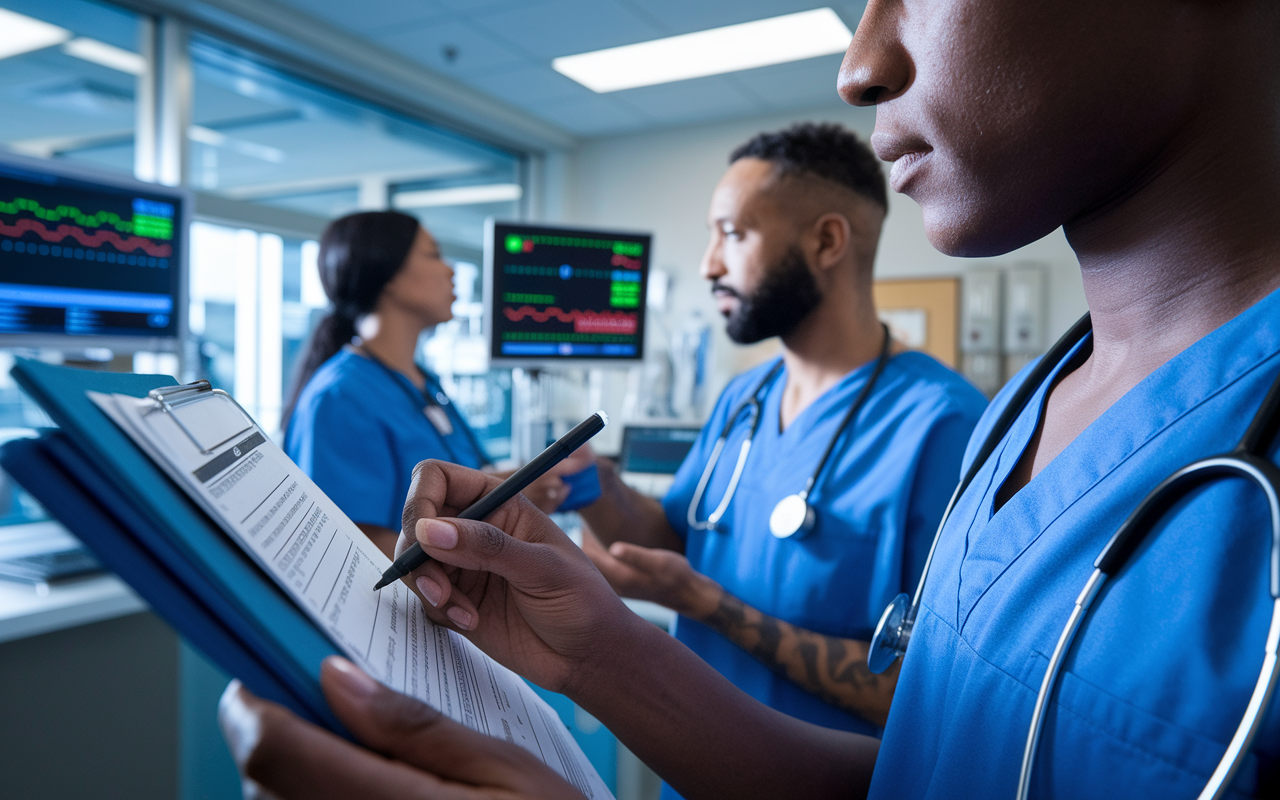 A close-up view of a healthcare professional in scrubs, analyzing patient charts in a well-lit hospital room. The backdrop shows another team member discussing care strategies. Emotional expressions of focus and dedication highlight the importance of effective leadership in ensuring patient safety. The room reflects a high-paced environment with monitors displaying vital signs, emphasizing the relentless pursuit of excellence in healthcare.