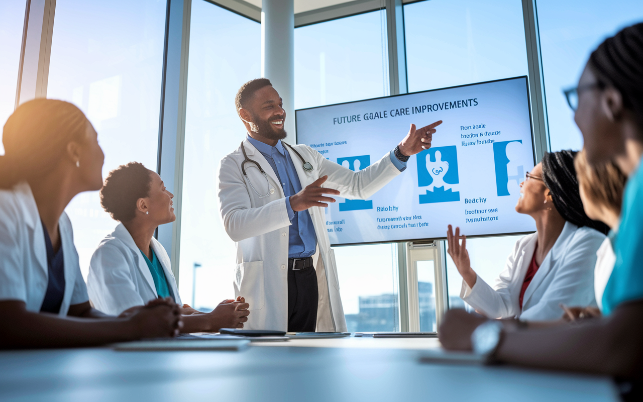 An inspiring scene in a modern conference room where a medical leader passionately discusses a new vision with their team. The leader points towards a digital screen displaying future goals and patient care improvements, while team members react with enthusiasm and nodding approval. Bright, natural light streams in through large windows, enhancing the optimistic and forward-thinking atmosphere of the meeting.