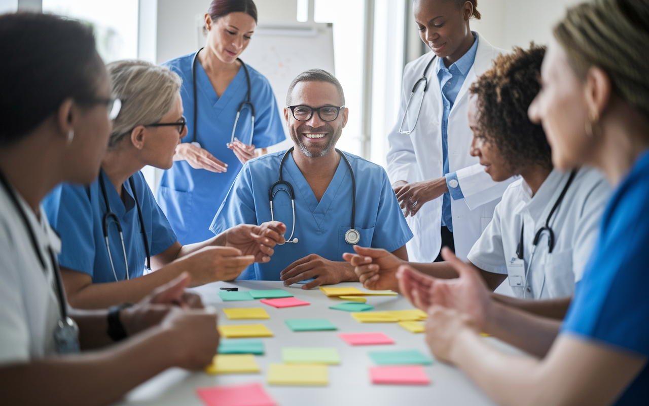 A warm scene depicting a healthcare leader engaging with team members in discussions about treatment plans. A diverse group of professionals shares ideas around a table, with colorful post-it notes and diagrams spread out in front of them. Their expressions showcase collaborative spirit and empowerment, as the leader encourages contributions. The room is filled with a light, uplifting atmosphere, enhancing the feeling of teamwork and shared responsibility.