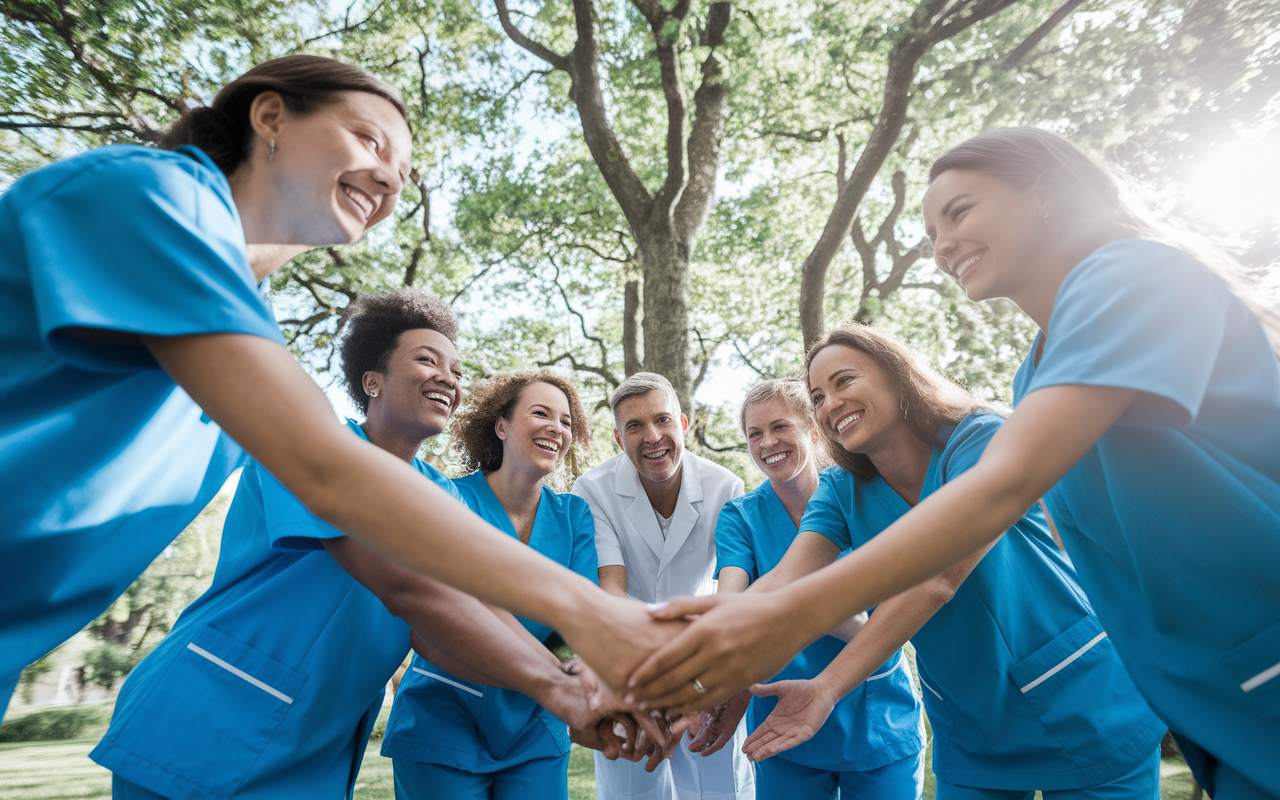 A lively scene showcasing a healthcare team participating in a teamwork building retreat. The group is engaged in a fun outdoor activity, laughing and enjoying the camaraderie. The trees surrounding them create an inviting natural backdrop, amplifying the spirit of collaboration and connection among team members. Bright sunlight shines down, illuminating the joyous atmosphere.