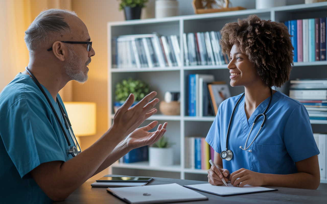 An inspiring scene showcasing a healthcare mentor and mentee engaged in a meaningful discussion. The mentor, with years of experience, expresses wisdom and encouragement, while the mentee listens thoughtfully, taking notes. The backdrop is a cozy office filled with medical books and personal touches that symbolize growth and knowledge sharing. Soft, warm lighting enhances the supportive and nurturing ambiance.