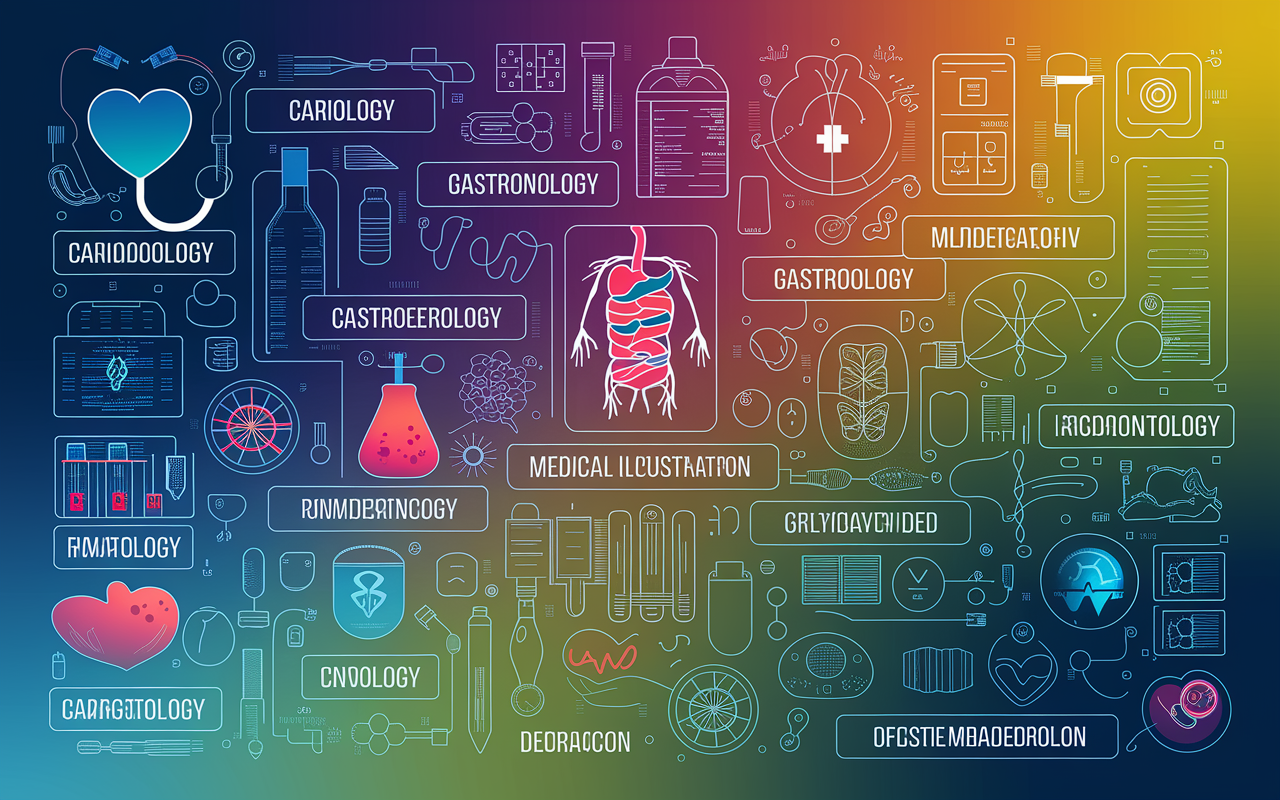 An engaging digital illustration showcasing a diverse range of medical specialties. Each specialty, including cardiology, gastroenterology, and hematology, is represented by symbols such as a stethoscope, digestive system diagram, and blood cell graphics. Bright colors highlight the vibrancy of medical fields, with intricate details in each illustration. The background is a gradient from blue to green, symbolizing growth and knowledge.