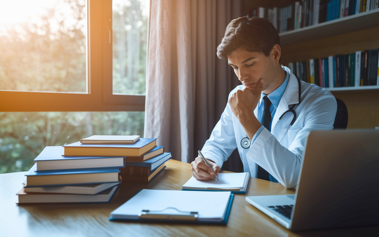 A young physician in an office, surrounded by medical books and a laptop, engaging in deep self-reflection. The room is warmly lit, with a window showing a serene view of trees outside. The physician, deep in thought, jots down notes on a notepad, clearly contemplating their future in the medical field. The atmosphere conveys focus and determination.