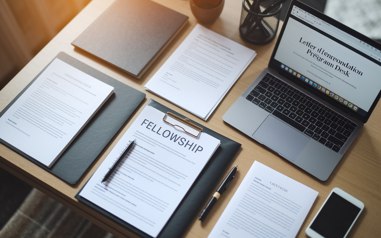 A visually appealing arrangement of fellowship application documents including a well-organized CV, a personal statement draft, and letters of recommendation laid out on a wooden desk. A laptop screen displays a fellowship program website. Soft overhead light creates a focused work environment, enhancing the feeling of professionalism and preparation.