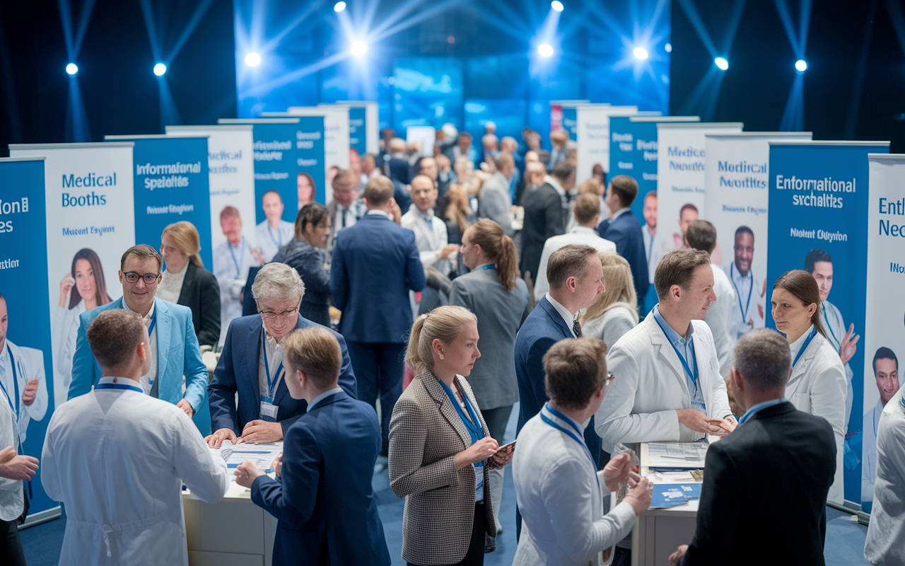 A vibrant scene of medical professionals networking at a conference, with attendees engaged in conversation around informational booths. Banners display various medical specialties, and enthusiastic participants exchange contact information. The atmosphere is lively and collaborative, illuminated by bright conference lights, with a backdrop of diverse professionals exchanging ideas.