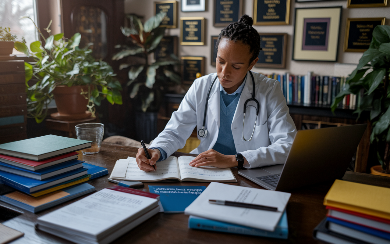 A focused medical professional surrounded by an array of research materials, laptops, and academic journals, meticulously checking various fellowship program details. The setting is a cozy study room filled with plants, warm lighting, and a wall of accolades reflecting their dedication to medical education. The atmosphere is scholarly, inspiring a sense of ambition and thorough research.