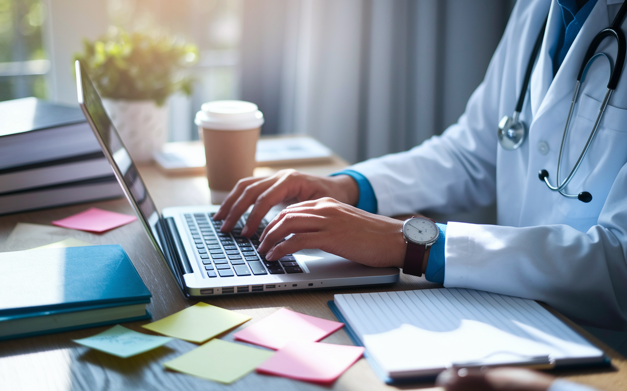 A close-up of a medical professional intensely typing their personal statement on a laptop, surrounded by inspirational sticky notes and medical books. Natural light pours in from a window creating a warm, inviting atmosphere. On the desk, a coffee cup and research materials are spread out, representing the hard work and creativity involved in the writing process.