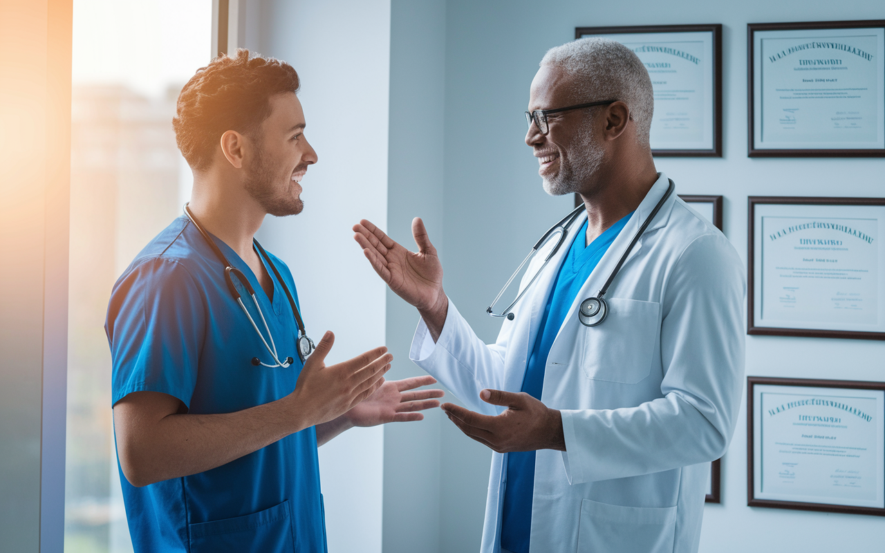 An enthusiastic medical professional conversing with a respected mentor in a bright hospital setting, discussing opportunities for letters of recommendation. Both are engaged, the mentor is nodding approvingly while gesturing at the medical certificates on the wall, symbolizing trust and admiration. The ambiance is collaborative and inspiring, filled with the warmth of mentorship.