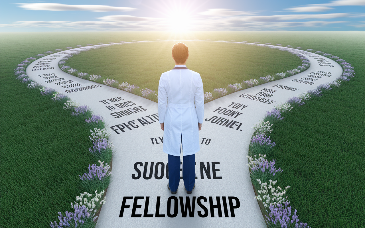 A hopeful medical professional standing at a crossroad, symbolizing the journey to fellowship success. Different paths represent various specialties, lined with motivational quotes and fresh blooms. The sky is bright and the sun is rising, creating an optimistic feel, embodying hope and determination for the future.