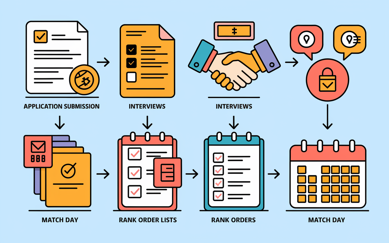 A detailed infographic-style illustration showing the steps of the fellowship match process including Application Submission, Interviews, Rank Order Lists, and the Match Day. Each stage depicted with relevant icons: a form for submissions, a handshake for interviews, a checklist for Rank Orders, and a calendar marked for Match Day. The colors are vibrant and engaging, offering clarity and a sense of structure.