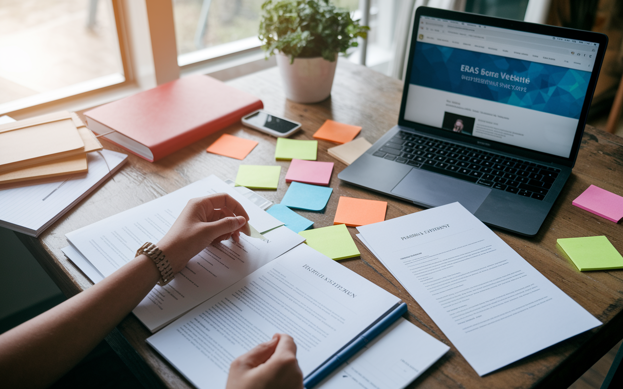 A workspace cluttered with application materials including a laptop with the ERAS website open, colorful sticky notes, a neatly organized CV, and a draft of a personal statement. The scene conveys an atmosphere of focus and determination, featuring natural light streaming in from a window, highlighting the energy and hopefulness of an aspiring fellow working diligently on their application.