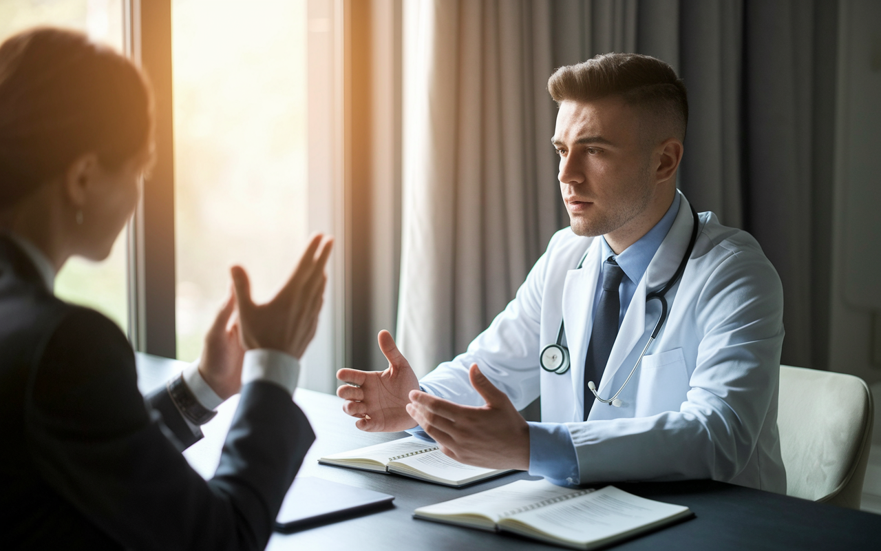 A medical resident rehearsing for a fellowship interview in a professional atmosphere, seated at a table with a mentor who is providing feedback. The scene is indoors, with appropriate business attire and a focused environment. The resident looks composed yet slightly nervous, with a notebook filled with questions and notes. There's a large window letting in a soft golden light, creating a reassuring and supportive atmosphere.