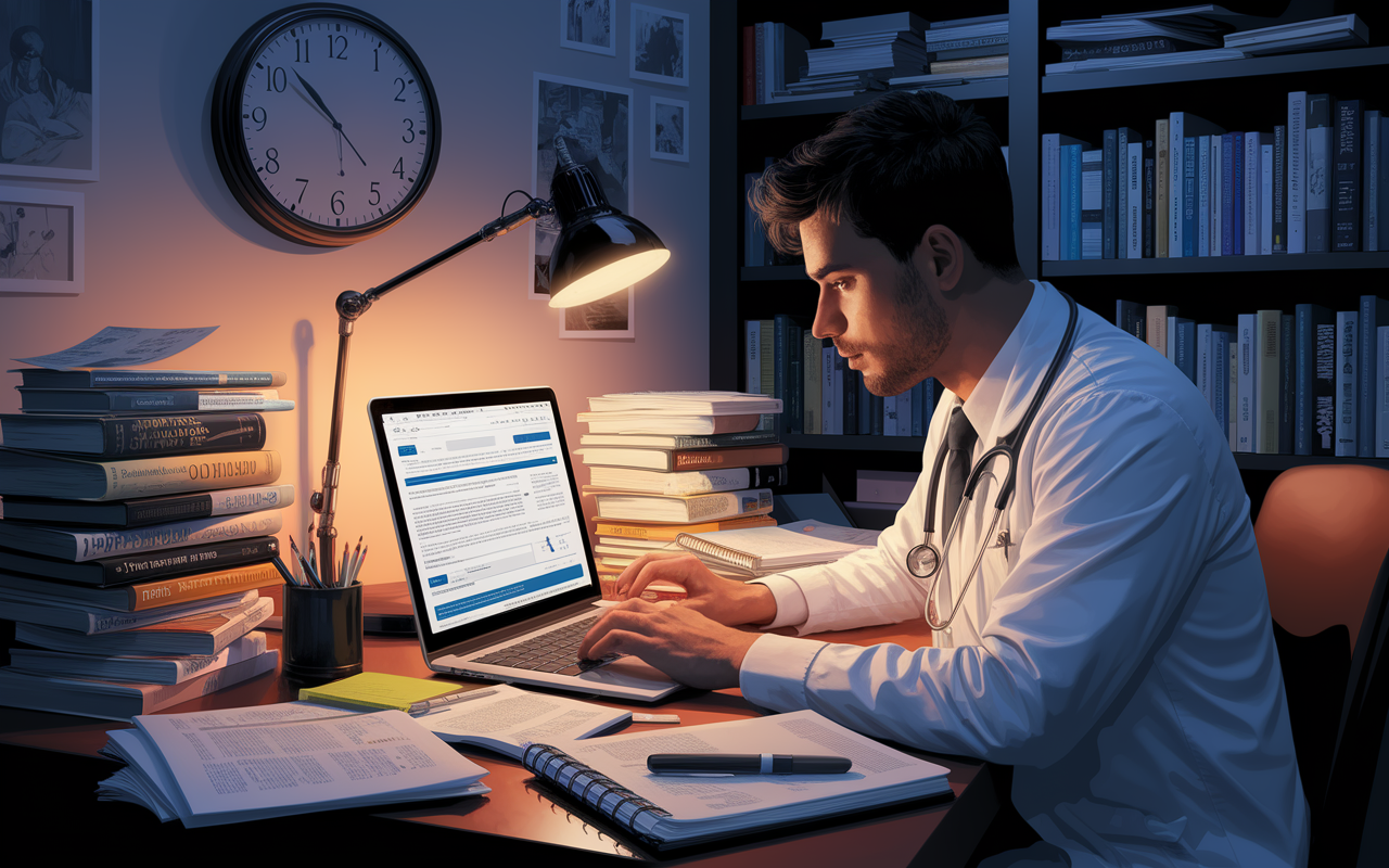 A medical resident intently researching fellowship programs on a laptop in a cozy study, filled with medical books and papers. A wall clock shows late evening time, reflecting the dedication. The desk is cluttered with notes, highlighters, and reference guides. Soft, warm lighting from a desk lamp creates an inviting atmosphere. The resident’s expressions indicate determination and focus. Digital painting style.