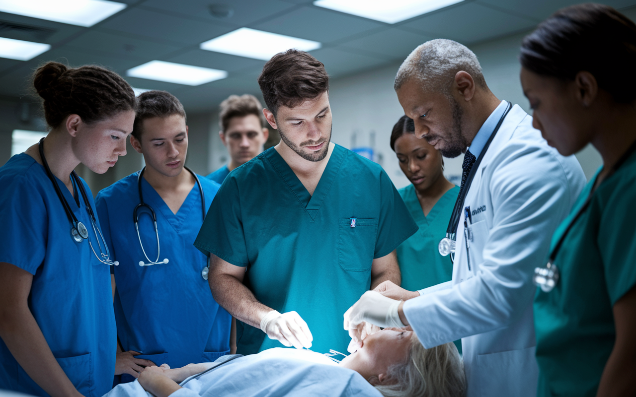 A medical resident actively participating in a clinical training session in a hospital setting. The resident, in scrubs, is intently observing a senior physician demonstrating a procedure on a patient. Surrounding them are medical students and nurses, all focused on learning. The sterile clinical environment is brightly lit, emphasizing the seriousness of the training. A realistic style that highlights the intensity of medical education.