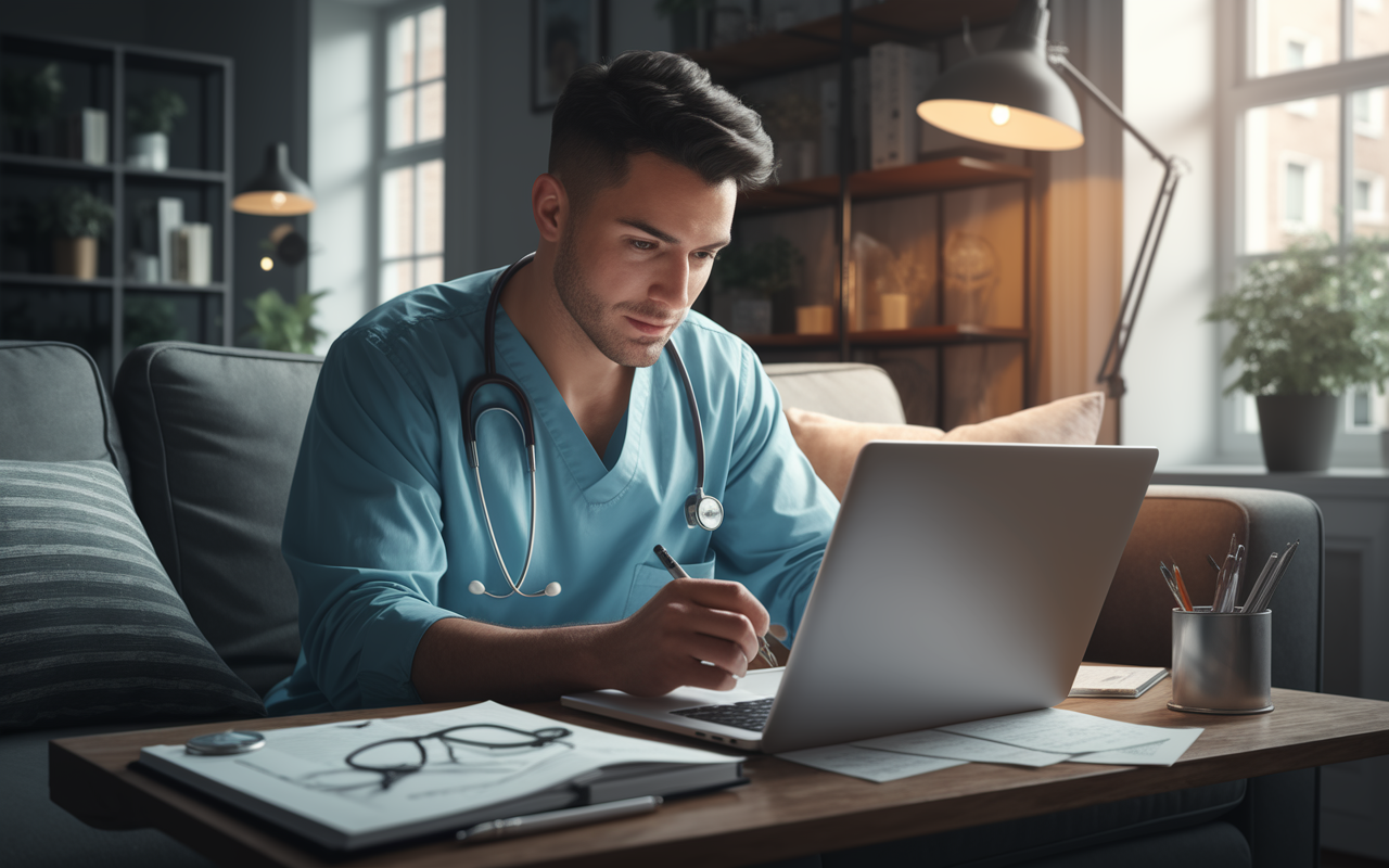 A medical resident, with a look of concentration, sitting comfortably on a couch with a laptop, drafting a personal statement. The setting is warm and inviting, with soft lighting from a nearby lamp. Personal notes and medical texts are scattered around, showcasing the preparation process. The atmosphere conveys creativity and introspection. Modern digital art style that captures the personal and emotional aspect of the writing.