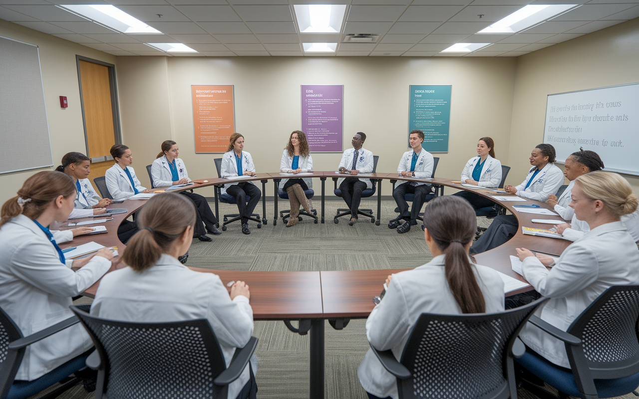 A group of medical residents engaged in simulated mock interviews, located in a well-lit conference space with chairs arranged in a semi-circle. Each resident appears focused and slightly anxious, while mentors provide feedback. The backdrop features educational posters and a whiteboard with key interview tips. The image captures the professional yet supportive environment of interview preparation. High-quality, realistic style.