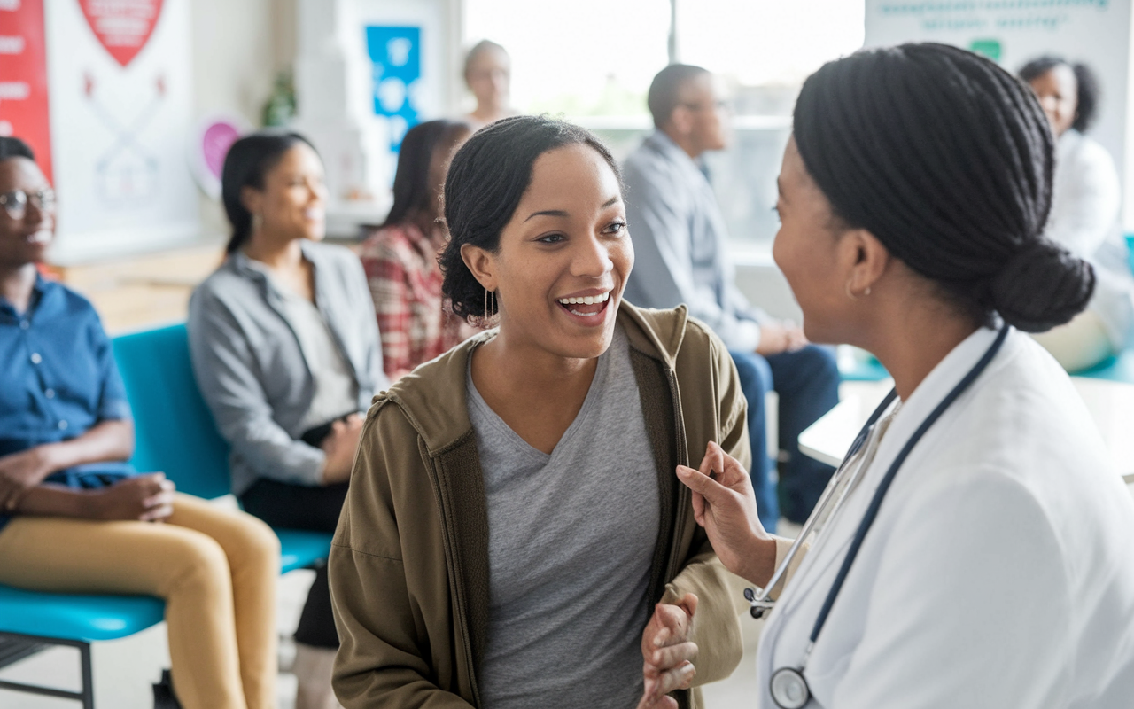 An emotional scene inside a bustling inner-city clinic, with a young mother animatedly sharing her struggles with healthcare access to a compassionate medical student. The clinic is filled with diverse patients and staff, bright with natural light, reflecting urgency and the importance of health equity. The backdrop includes posters about community health resources and a welcoming waiting area.