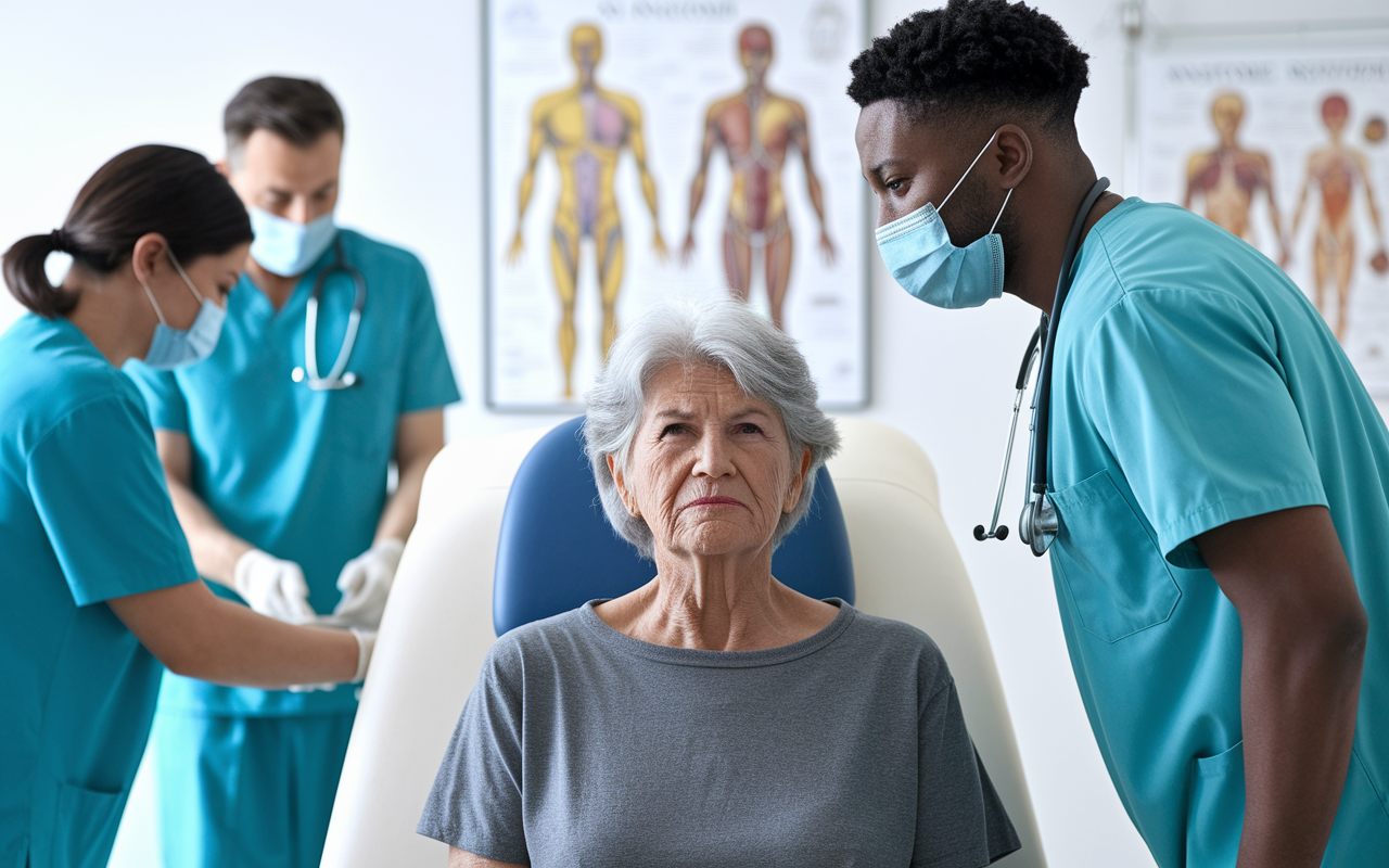 A medical resident observing a patient in a rehabilitation setting after a stroke, with emotional intensity visible. The scene captures the healthcare team working diligently, a therapist assisting the patient, and an anatomy chart in the background. The lighting is bright and clinical, emphasizing hope and recovery, showcasing the process of healing and dedication in medical practice.