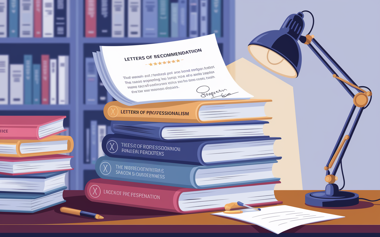 An artistic representation of various letters of recommendation stacked atop each other, with highlighted excerpts showcasing personal qualities such as professionalism, teamwork, and leadership. The letters are set against a soft-focus background of a academic office space filled with medical books and a desk lamp casting a gentle light. The atmosphere is one of deep respect and the power of endorsements, inviting viewers to consider the impact of strong letters.