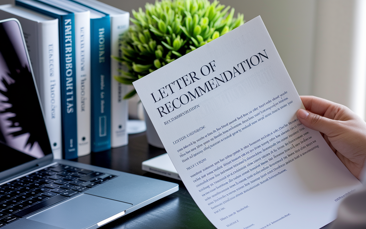 An engaging visual of an opened letter of recommendation, with highlighted passages that showcase personal anecdotes and strong endorsements. The background features a neatly arranged desk with a laptop, medical textbooks, and a vibrant plant. Natural light reflects off the letter, symbolizing the clarity and strength of a well-written recommendation.