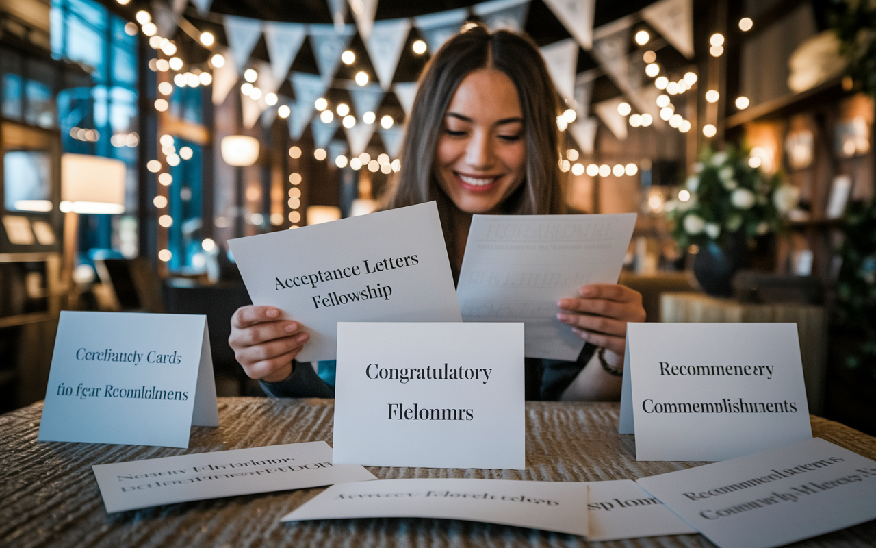 An inspiring final scene depicting a student reading acceptance letters for a fellowship surrounded by congratulatory cards from mentors. The setting is warm and celebratory, filled with decorations commemorating their accomplishments. The atmosphere is joyful, capturing the essence of success and gratitude towards the recommenders who played a significant role.