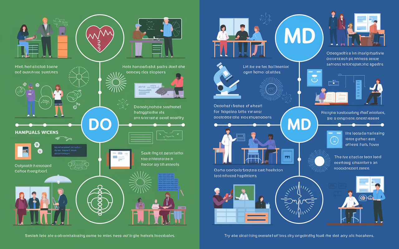 An informative graphical comparison diagram showing two pathways: one leading to DO with icons like holistic health symbols such as a heart and interlinked systems, and the other leading to MD with icons like a microscope and biomedical diagrams. Each section contains vibrant illustrations of classrooms, hospitals, and students engaged in hands-on activities, highlighting osteopathic manipulative treatment for DO and rigorous lab work for MD, set against a scholarly backdrop.