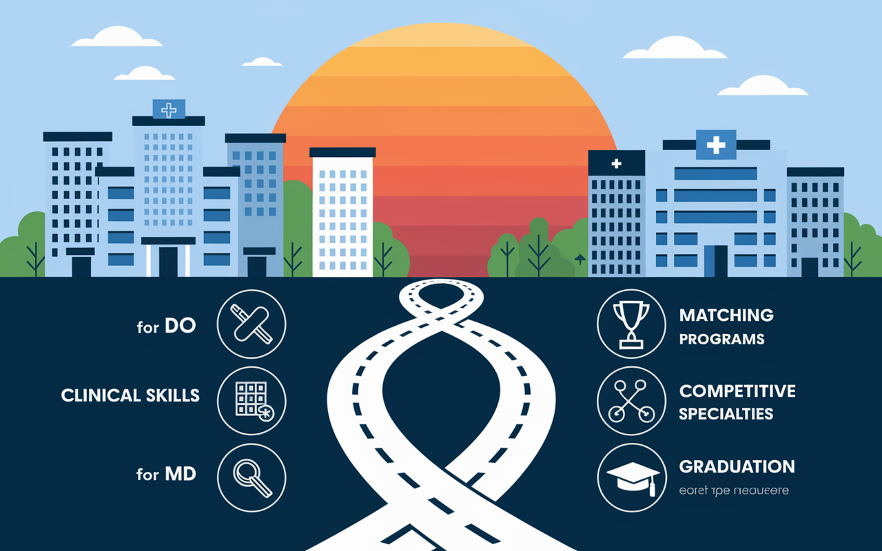 A visual representation of the residency application process with two paths, one for DO and one for MD, illustrated with a winding road leading to different hospital buildings. Icons representing clinical skills, matching programs, and competitive specialties, like a trophy and graduation cap, are shown. The environment features a balanced sunset, symbolizing hope and opportunity, highlighting the journey each type of student must navigate.