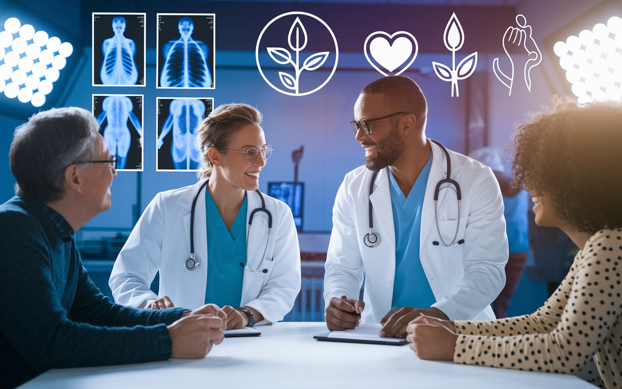 A vibrant scene depicting a modern healthcare setting with an enthusiastic DO and MD working side by side, interacting with diverse patients. The background shows elements of traditional medicine like X-rays, and alongside it, symbols representing holistic care such as plants and a heart. The image captures teamwork and collaboration in a medical environment, with dynamic lighting creating a positive, energetic ambiance.