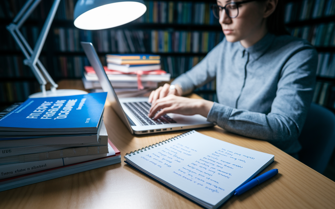 A focused student in a library setting, analyzing fellowship brochures and faculty profiles on a laptop. The atmosphere is scholarly, with stacks of medical journals and thick books on the table. A desk lamp casts soft light over the workspace, highlighting a notepad filled with written notes and potential questions to ask future mentors, conveying the importance of thorough research.