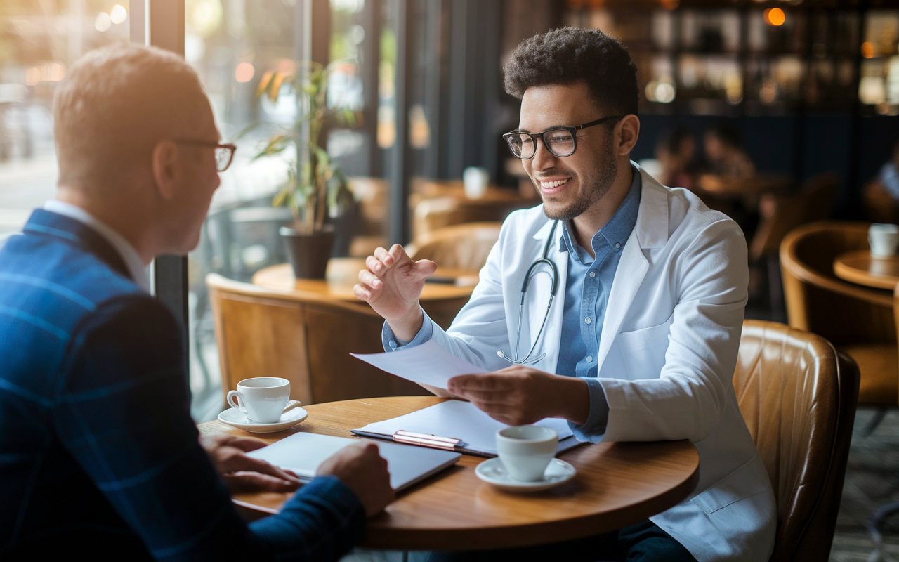 A young medical professional sitting in a cozy coffee shop, engaged in an animated discussion with a mentor who is reviewing a draft letter of recommendation. The warm ambiance is enhanced by soft light filtering through the window, illustrating a collaborative atmosphere. Tables are set with cups of coffee and laptops, suggesting a productive meeting focused on enhancing the fellowship application.