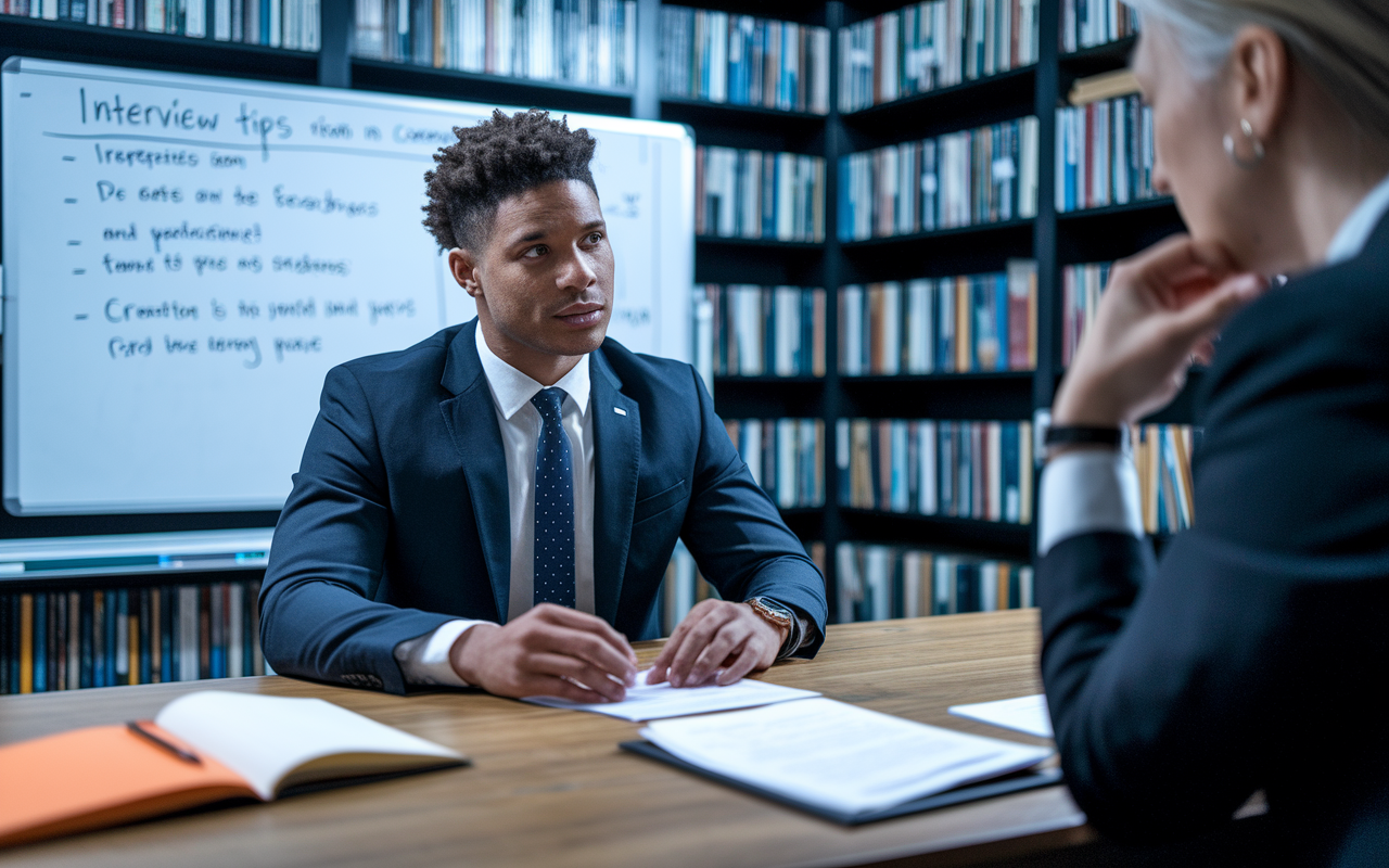 An intense mock interview setup in a well-lit study room, where a candidate in formal attire practices with a mentor. There’s a whiteboard in the background with interview tips and common questions, creating an atmosphere of preparation and seriousness. The mentor looks thoughtful, providing feedback, while the candidate appears eager and focused on improving.