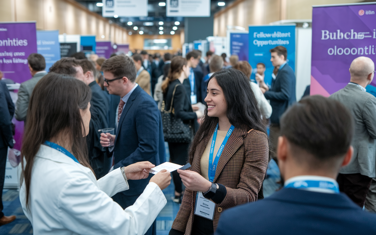 A vibrant scene at a medical conference, where a diverse group of attendees engage in lively discussions. Booths exhibit fellowship opportunities, and bright banners capture the attention of medical professionals networking. The atmosphere is buzzing with ideas, and in the foreground, a young woman exchanges business cards with a current fellow, highlighting the importance of building connections in the medical field.