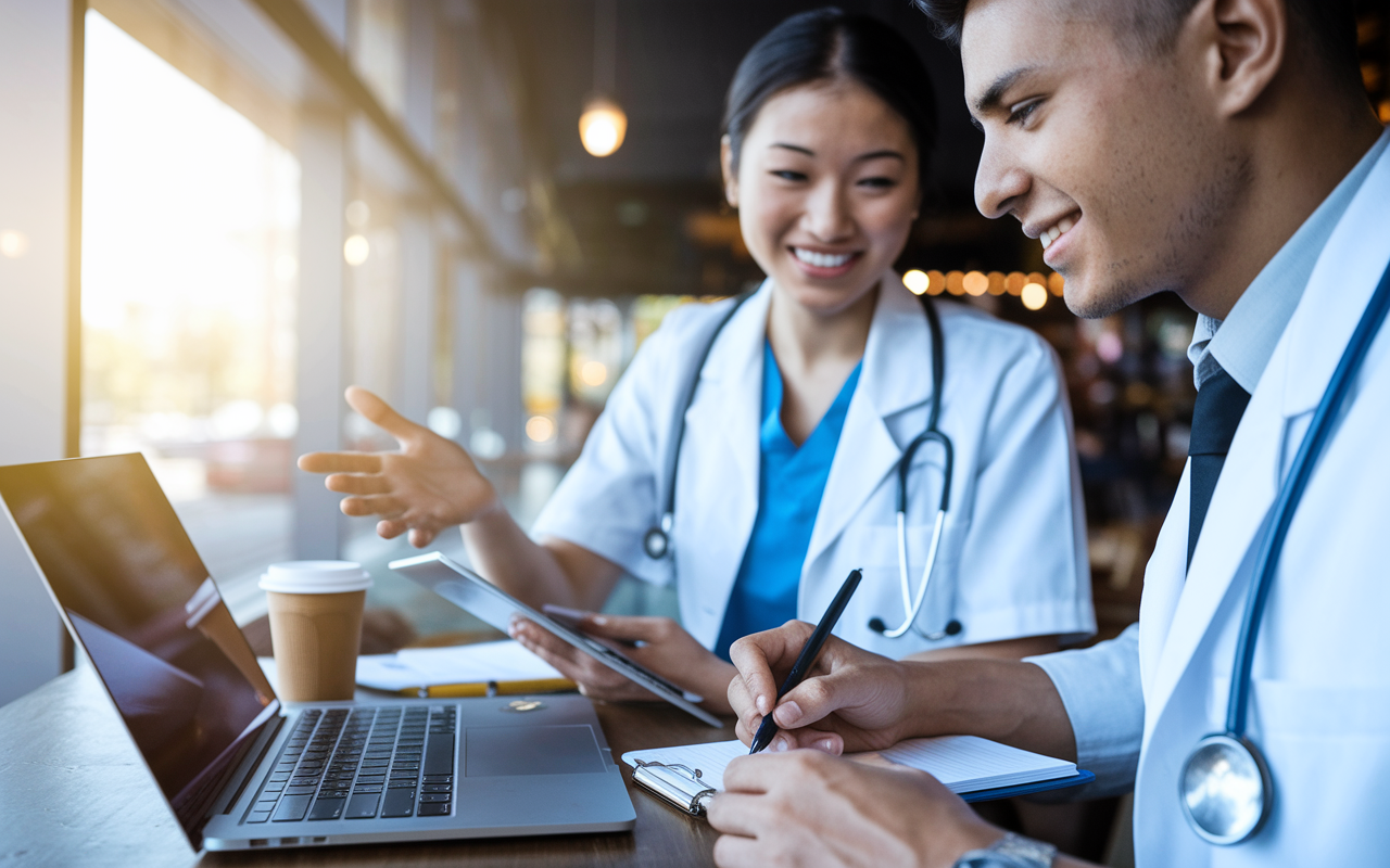 A close-up shot of two medical students at a coffee shop, attentively discussing fellowship opportunities over laptops. One student, a woman of Asian descent, is animatedly sharing ideas, while the other, a man of Hispanic descent, takes notes, demonstrating engagement. The atmosphere feels collaborative and energetic, with bright sunlight streaming through a window, reflecting the hopeful aspirations of their future careers.