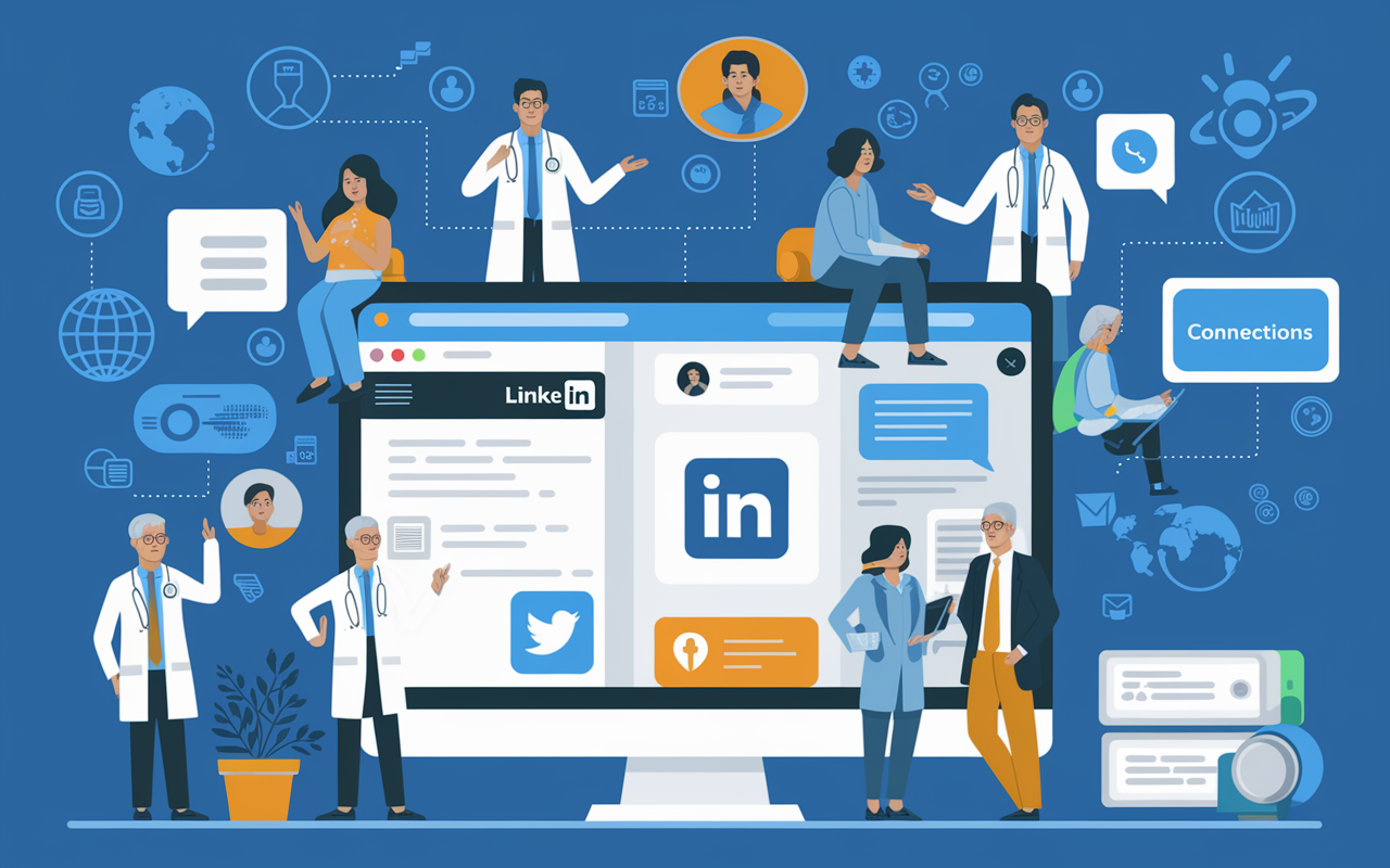 A digital illustration showing a montage of various social media platforms (LinkedIn, Twitter) on a computer screen with medical professionals connecting with each other. Icons of networking, messages, and 'connections' symbolizing engagement. Bright colors and a modern, digital aesthetic to reflect the contemporary methods of building professional relationships.