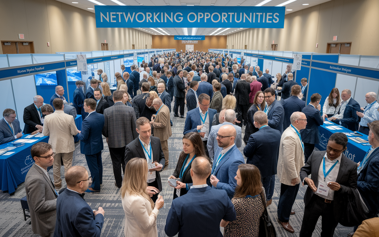 A bustling conference hall filled with medical professionals interacting, with booths displaying different medical specialties. Attendees dressed in professional attire, engaged in discussions, some exchanging business cards. A prominent banner overhead reading 'Networking Opportunities'. The lighting is bright and inviting, creating an atmosphere of collaboration and learning.