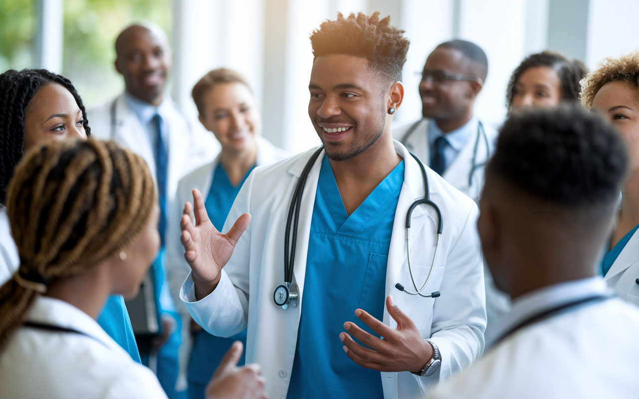 A young medical professional actively participating in a community service event, addressing a group of attendees with enthusiasm. The scene is filled with people engaged in meaningful conversations, fostering a sense of teamwork and collaboration. Natural light illuminates the scene, creating an approachable and warm atmosphere as medical professionals connect and share their experiences.