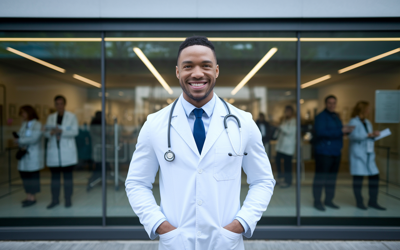 A confident medical professional standing in front of a hospital, dressed impeccably in a white coat, exuding professionalism and approachability. The backdrop highlights a modern medical facility, with patients and staff visible, symbolizing a strong personal brand in a medical environment.