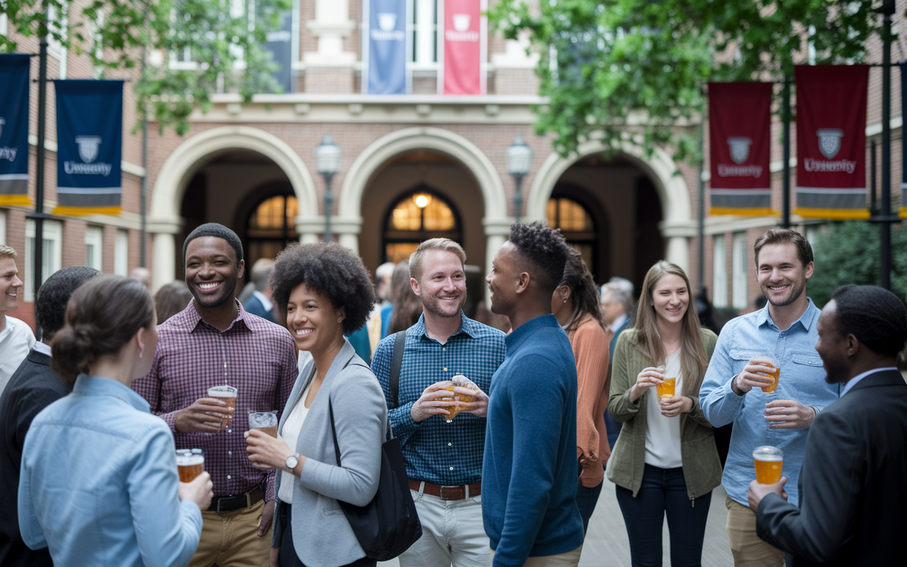 A group of diverse alumni at a casual networking event in a university courtyard, sharing stories and experiences over drinks. Lively conversations, smiling faces, and the atmosphere infused with camaraderie and nostalgia. The setting is warm and inviting, with banners displaying the university’s logo and colors.