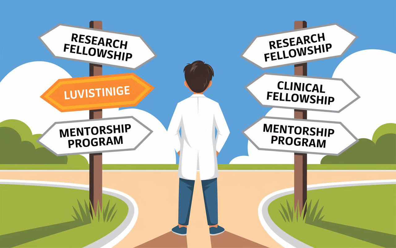 A bright, hopeful scene of a young physician standing at a crossroads, looking at signs pointing towards various fellowship opportunities. The sky is clear with soft, uplifting sunlight, symbolizing a promising future. The signs are professionally illustrated with targets like 'Research Fellowship', 'Clinical Fellowship', and 'Mentorship Program'. The setting conveys a sense of aspiration and determination.