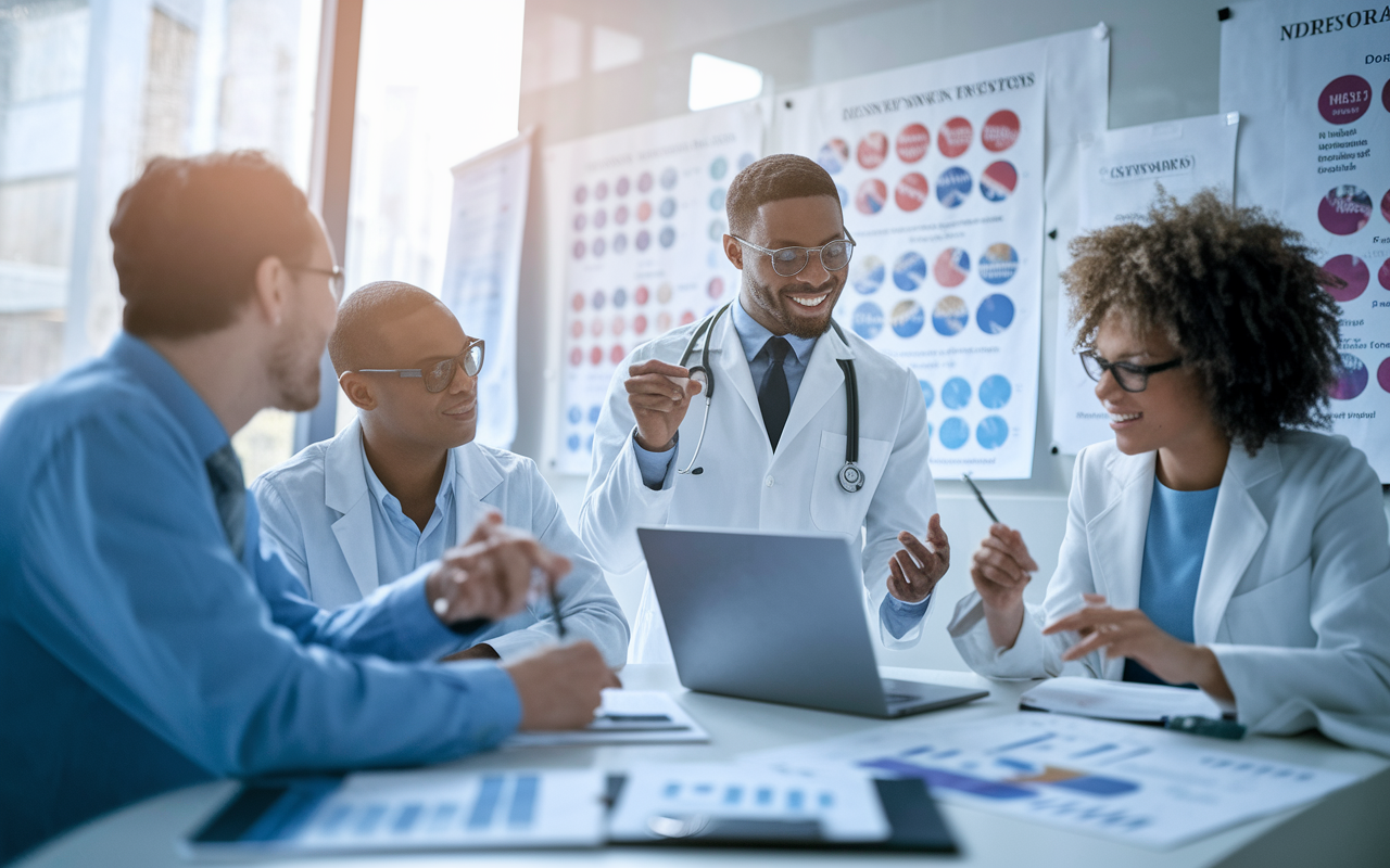 A passionate physician in a vibrant academic setting, discussing research findings with colleagues. They are surrounded by charts and posters detailing medical statistics. The atmosphere is dynamic and collaborative, filled with enthusiasm as they analyze data on a laptop. The room is bright with large windows allowing natural light, creating an inviting and inspiring context for academic discourse.