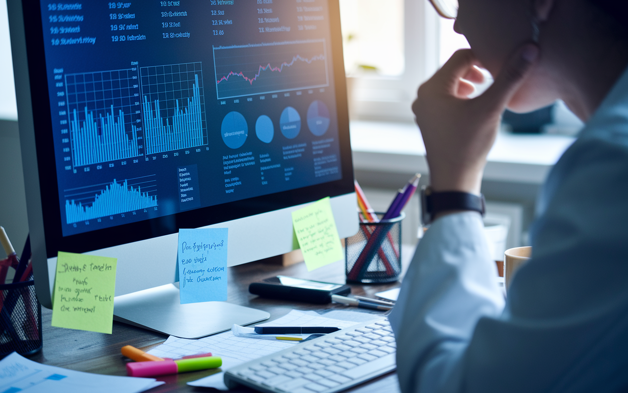 A close view of a computer screen displaying complex research data and graphs, illuminating the face of a medical researcher deep in thought. The environment shows a cluttered desk with notes, highlighters, and a cup of coffee. The lighting is soft, creating a focused and intense working atmosphere that captures the essence of diligent research work.