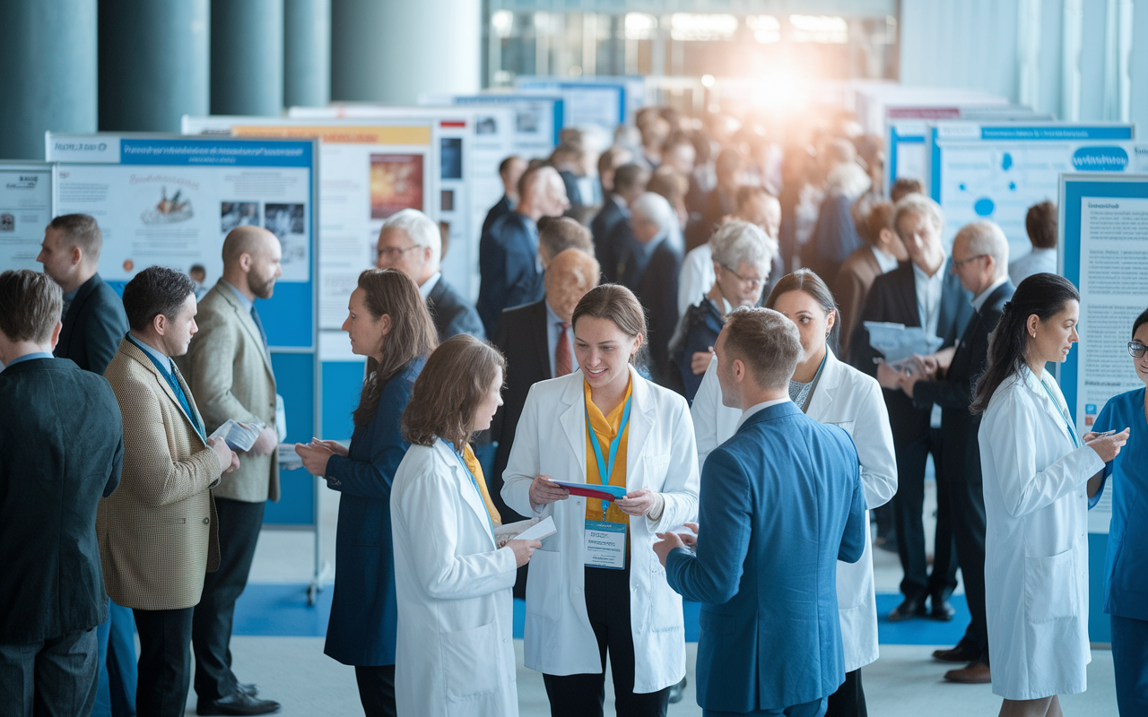 A bustling networking event set in a modern conference hall, featuring healthcare professionals engaged in discussions. Researchers are sharing their findings and business cards amidst a backdrop of various research posters. Bright lighting highlights the excitement and collaboration of sharing knowledge, with diverse attendees creating a melting pot of ideas.