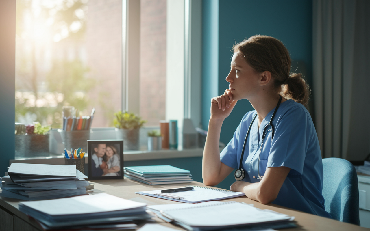 A thoughtful young medical resident, seated at a desk cluttered with papers and medical books, gazing out of a large window with a contemplative expression. The room is softly lit, creating a serene atmosphere. Sunlight filters through the window, casting warm rays over the desk filled with notes and a family photo. The colors are calm and inviting, reflecting the resident's deep introspection regarding their career path.