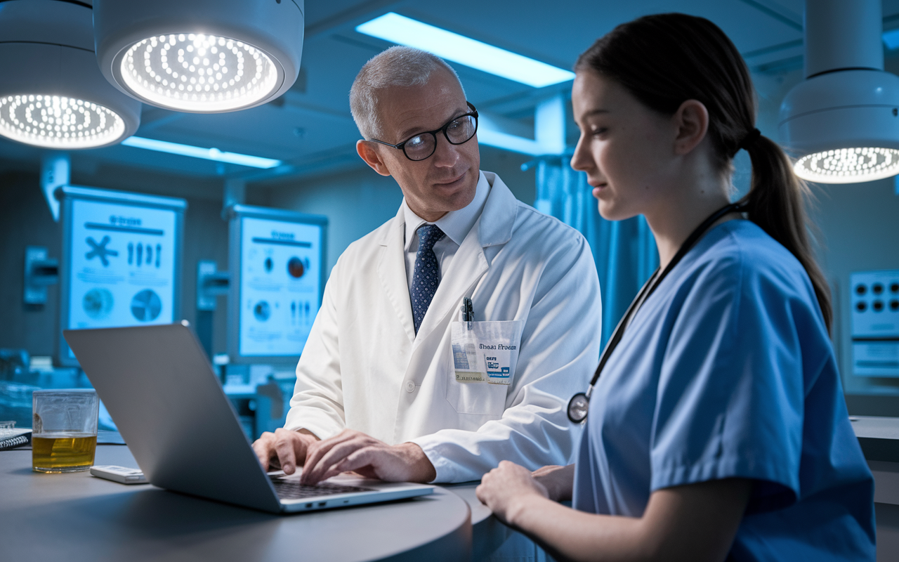 A seasoned faculty member in a lab coat, engaging with a medical fellow in a modern hospital setting. The mentor is offering guidance with a caring expression, using a laptop to review data. The atmosphere is one of support and learning, enhanced by soft overhead lights. The background features medical equipment and research posters, showcasing the professional environment.