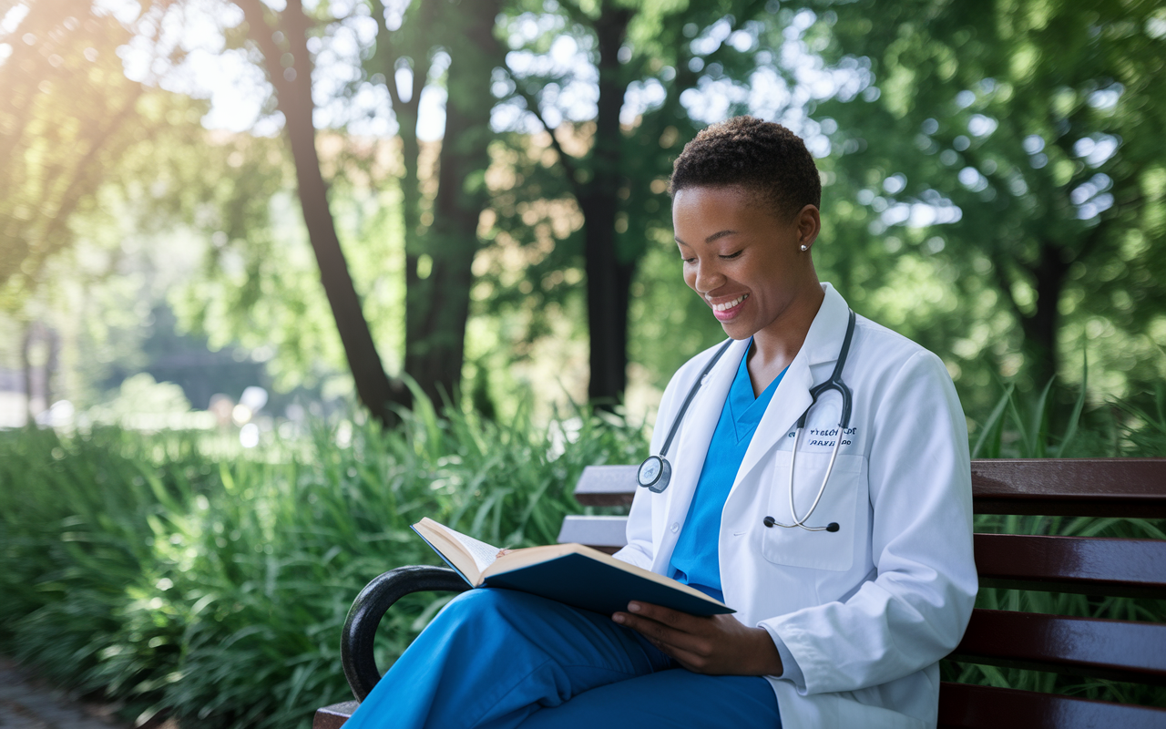 A medical fellow enjoying a serene moment in a park, smiling as they read a book on a bench surrounded by greenery. Natural sunlight filters through the trees, creating a tranquil atmosphere. This contrasts with a busy hospital environment, symbolizing the importance of self-care and work-life balance in a demanding profession.