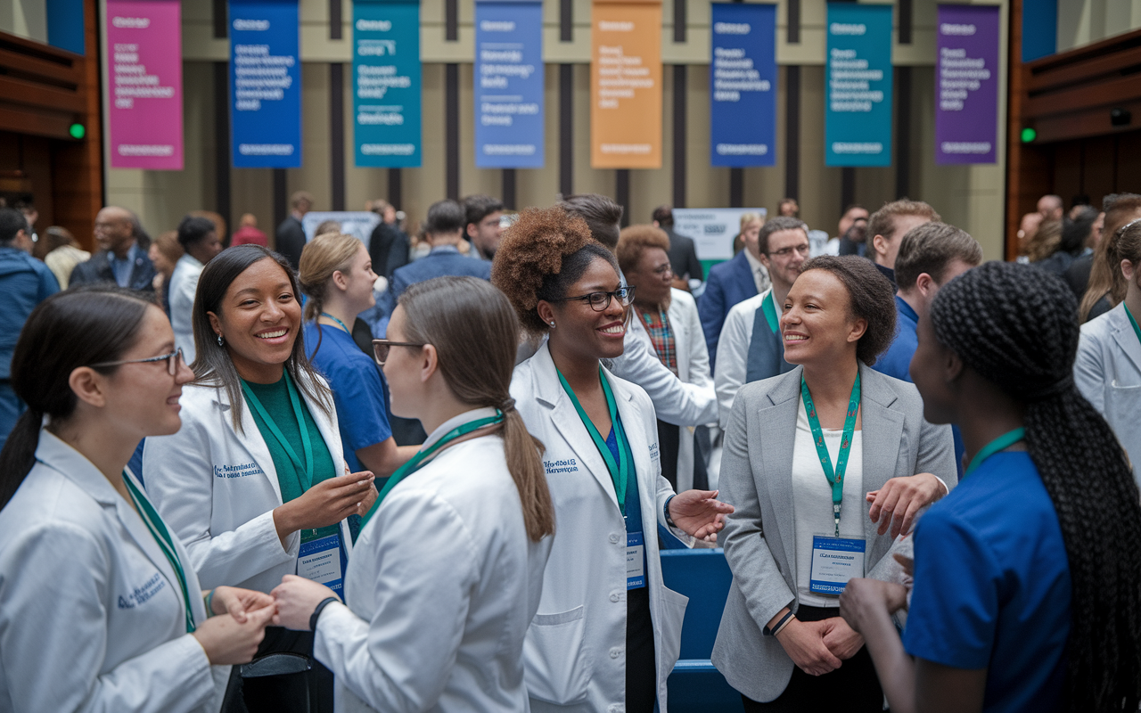 A vibrant gathering of diverse medical fellows of different ethnicities, genders, and backgrounds conversing enthusiastically in a well-lit auditorium after a presentation. The atmosphere is one of shared ideas and collaboration, with banners promoting diversity in healthcare visible in the background. Everyone appears engaged and inspired, highlighting the importance of inclusivity in medical education.